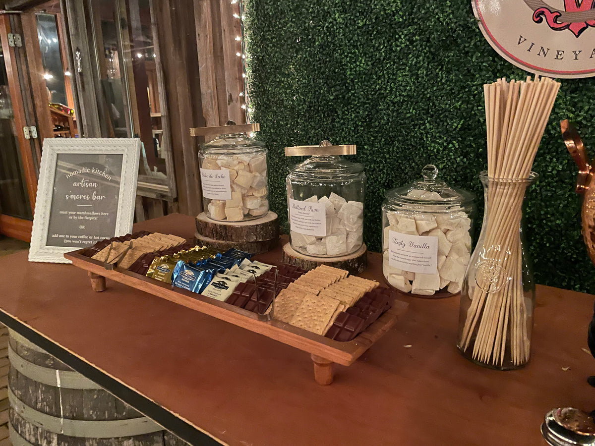 handcrafted marshmallow s'mores wedding setup